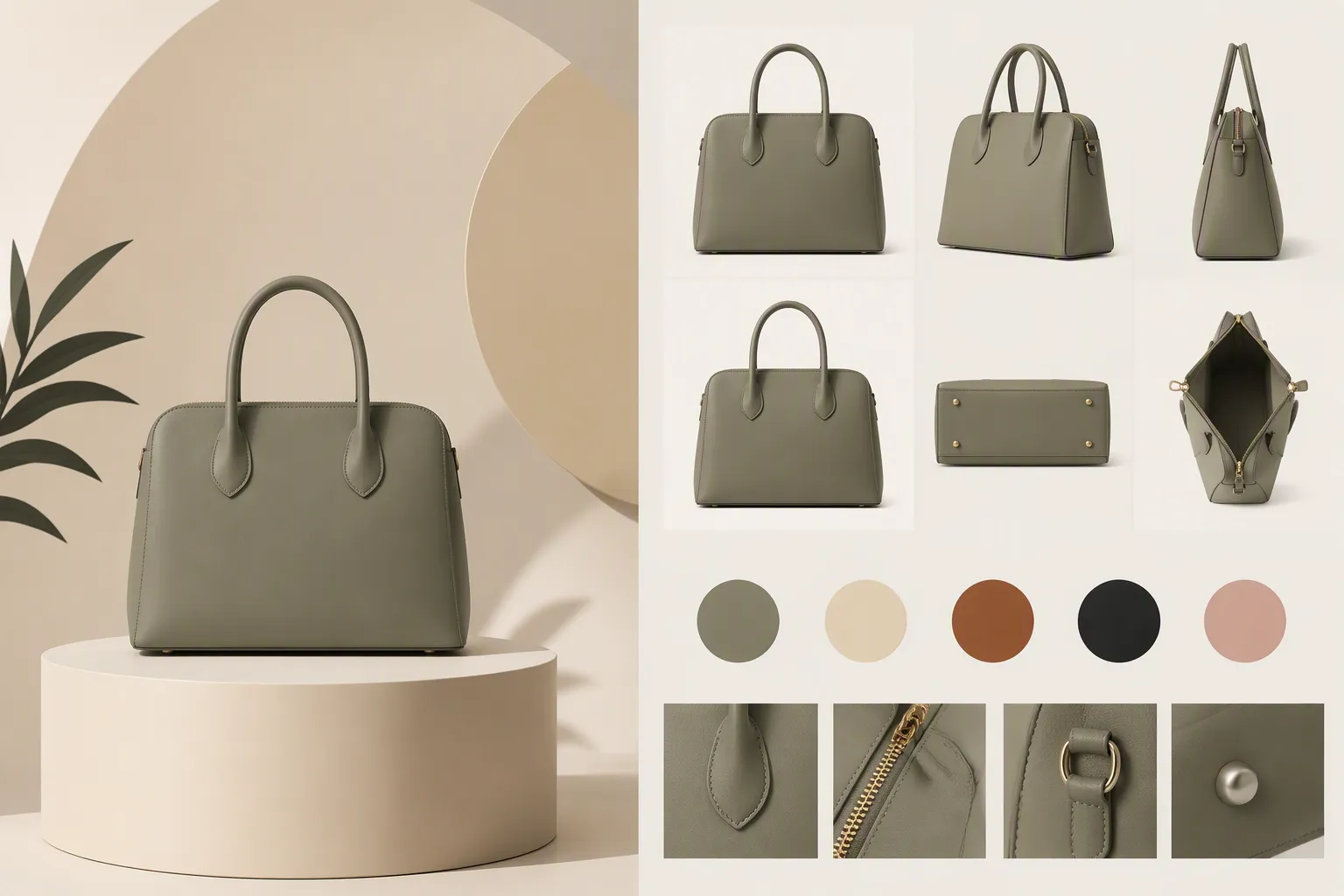 Product brief example — bag detail shots and color references